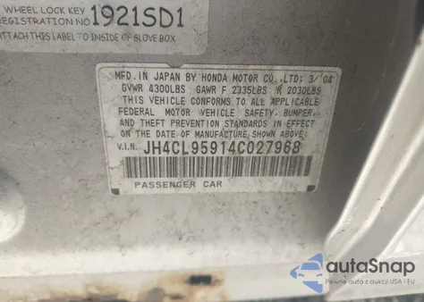 2004 Acura Tsx z USA, uszkodzony, nr VIN JH4CL95914C027968